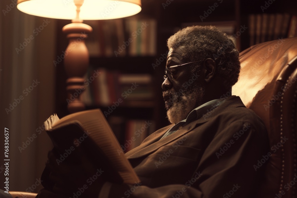 An elderly gentleman engrossed in reading a book by the warm light of a table lamp in a cozy home setting