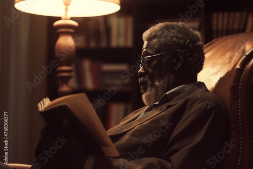 An elderly gentleman engrossed in reading a book by the warm light of a table lamp in a cozy home setting