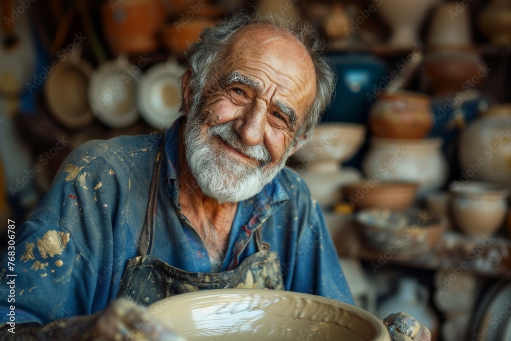 A skilled craftsman shaping a clay pot on a spinning wheel in a pottery studio, surrounded by handmade ceramic pieces