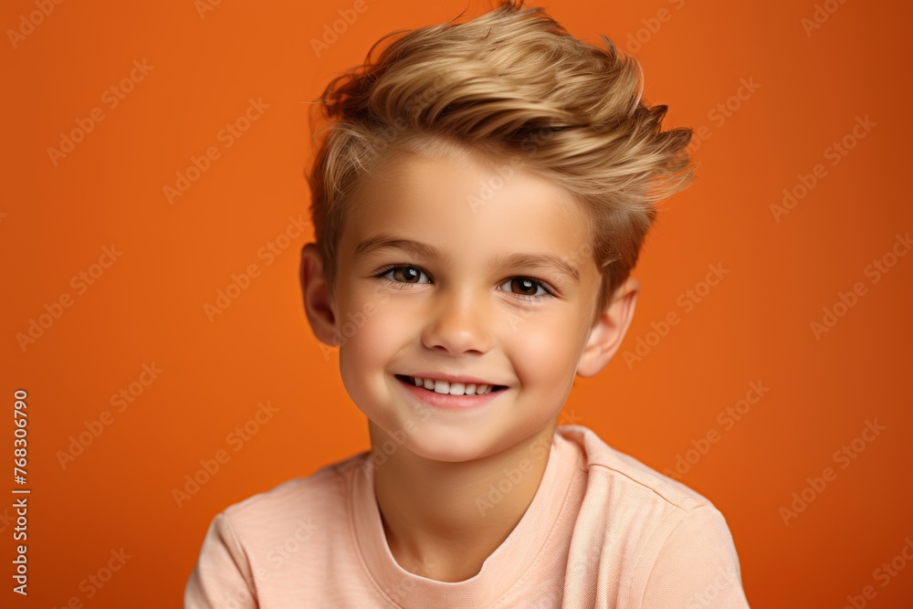 Portrait of a cute little boy with blond hair on orange background Portrait of a cute little boy with blond hair on orange background