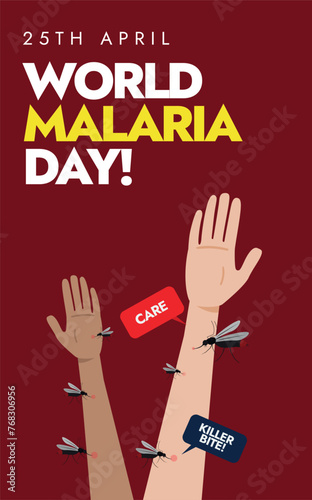 World Malaria day. 25th April World Malaria day celebration story banner, social media post with human arms and multiple mosquitoes biting on them. Malaria prevention awareness banner with mosquitoes.