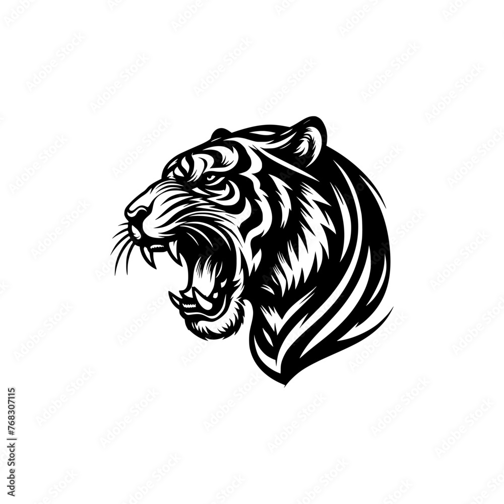 Vector logo of a tiger head. Black and white illustration of a roaring tiger.