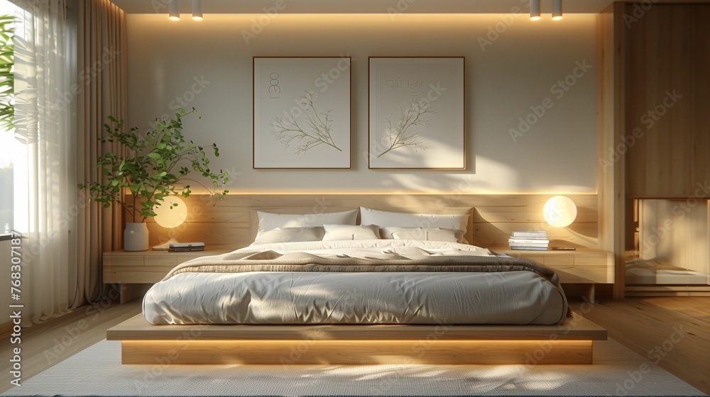 Modern Wooden Bedroom Interior at Sunset Modern Wooden Bedroom Interior at Sunset