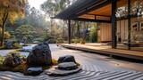 Traditional Japanese Garden and Tea House at Sunrise