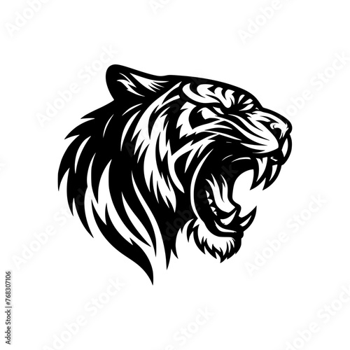 Vector logo of a tiger head. Black and white illustration of a roaring tiger.