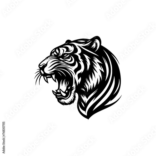 Vector logo of a tiger head. Black and white illustration of a roaring tiger.