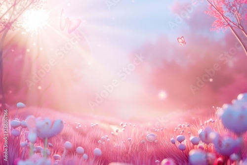 Fairy tale forest of dreams with warm white sunlight pours into the pink forest with flowers in the foreground and pink grass around created with Generative AI Technology