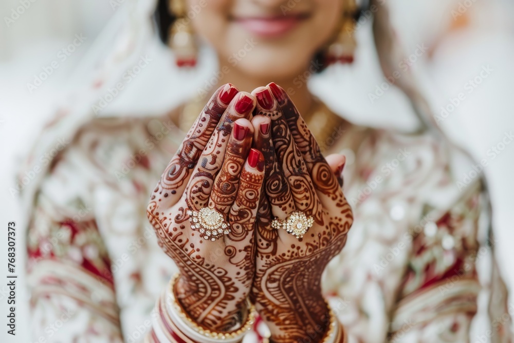 The intricate henna designs on a bride's hands symbolize beauty and celebration in traditional Indian weddings