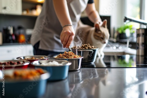 The scene captures an intimate domestic moment where a person arranges a variety of food in pet bowls, with an observing cat nearby