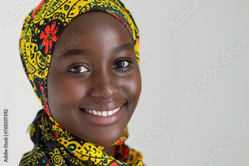 A close-up portrait of a smiling young woman wearing a colorful headscarf  exuding confidence and beauty