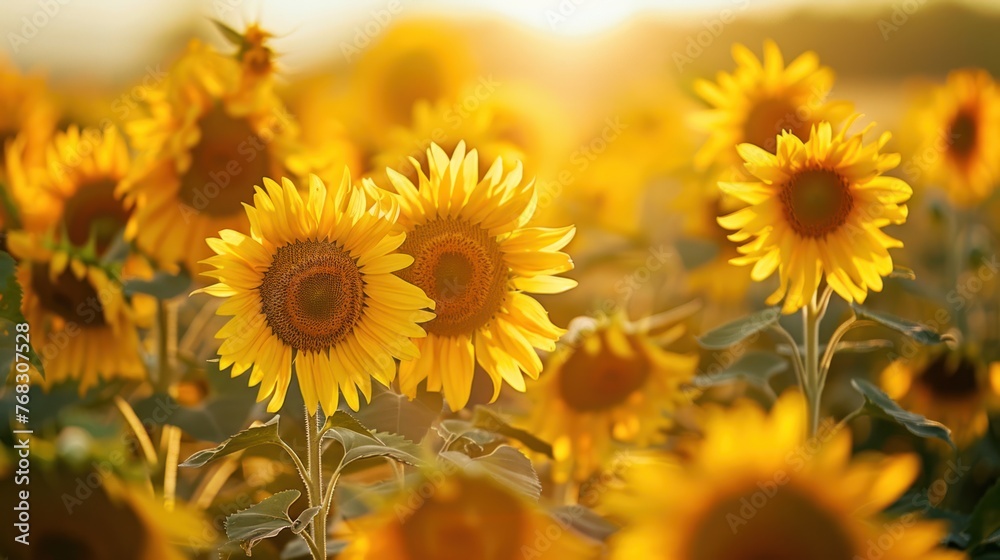 Fototapeta premium Beautiful nature field of blooming yellow sunflowers in sunny day landscape. AI generated image