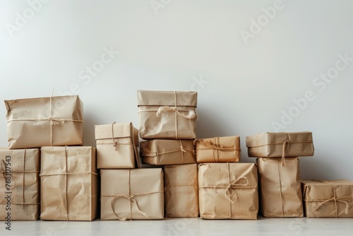 A collection of various sized packages wrapped in brown paper tied with string against a light background photo