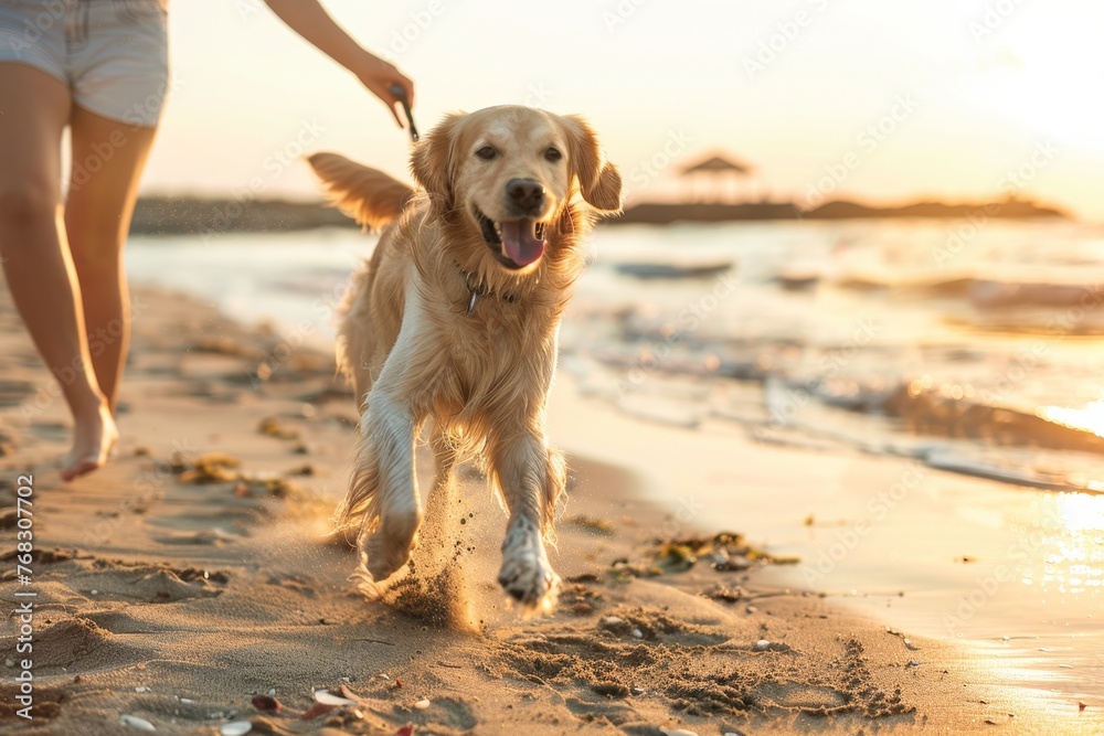 Energetic golden retriever playing and running on a sandy beach during sunset Energetic golden retriever playing and running on a sandy beach during sunset