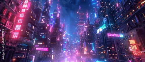 Sci-fi Cityscape with Purple and Cyan Neon lights  Night scene with Visionary Architecture 