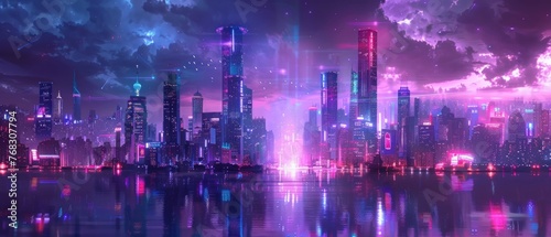 Sci-fi Cityscape with Purple and Cyan Neon lights  Night scene with Visionary Architecture 
