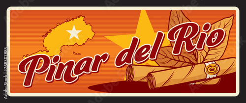 Pinar del Rio municipality and province in Cuba. Vector travel plate, vintage tin sign, retro welcoming postcard design. Cuban territory, old plaque card with cigars and map with star