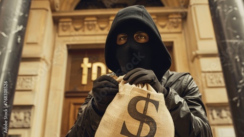 Thief in a black balaclava with a bag of money dollars photo