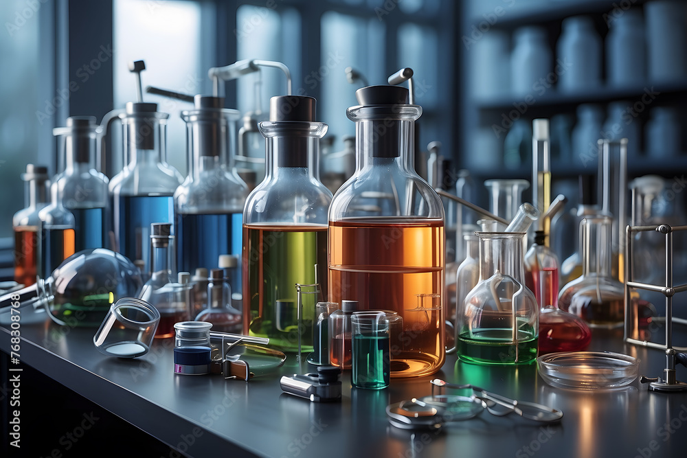 Medical, pharmaceutical research concept showcasing an impeccably arranged scene of laboratory instruments, pharmaceutical compounds, and scientific breakthrough design. Medical, pharmaceutical research concept showcasing an impeccably arranged scene of laboratory instruments, pharmaceutical compounds, and scientific breakthrough design.