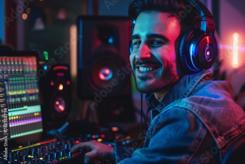 A male music producer with headphones is grinning while working at a mixing console in a vibrant home studio © ChaoticMind