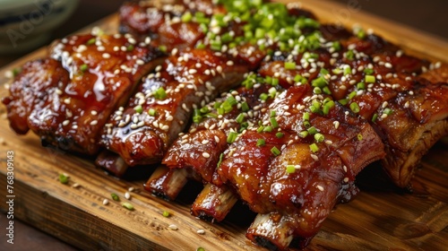 Tasty homemade marinated spareribs barbeque grilled food. AI generated image photo