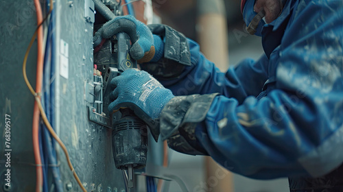 An engineer is using a drill to work on an electrical box, wearing electric blue workwear and safety gloves, handling wires and metal.