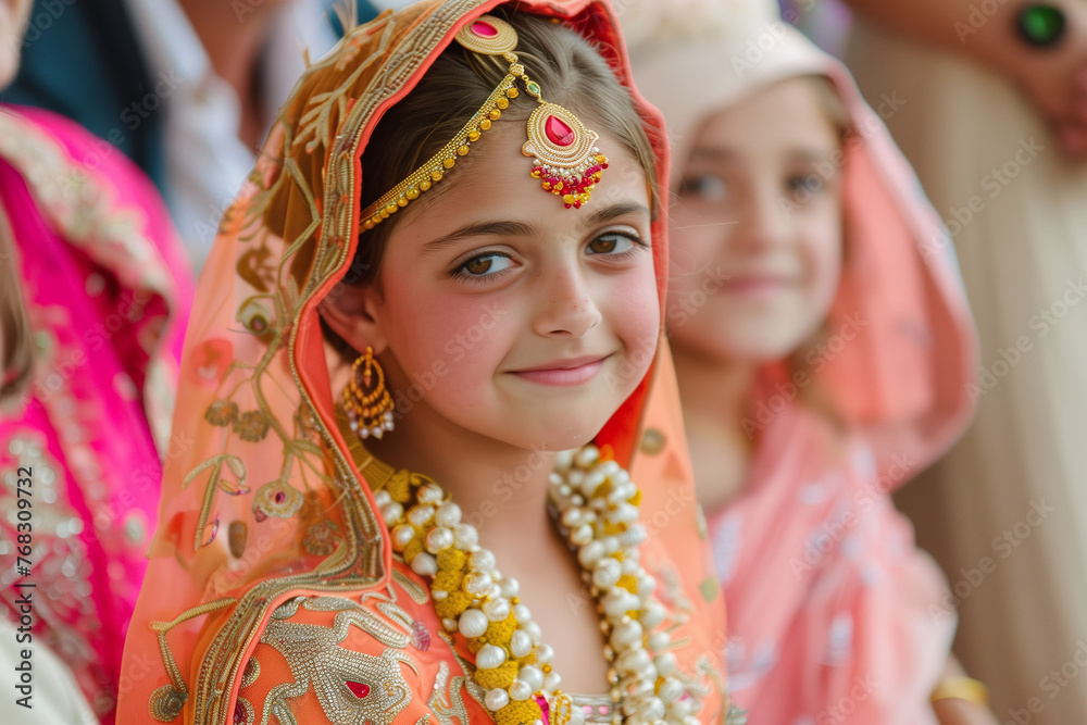 A girl in a traditional Indian dress, smiling