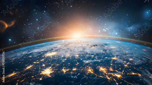 earth from space, glowing city lights on the horizon, atmospheric perspective, cinematic photography, epic, cinematic lighting, bright stars and constellations fill sky above earth at sunrise, epic, d
