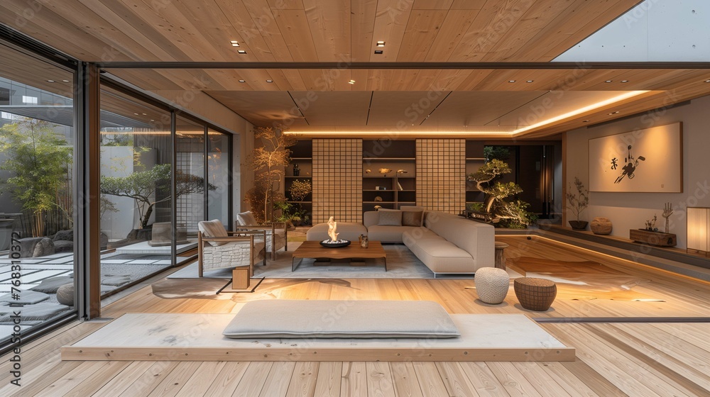 Modern Japanese Living Room Interior with Zen Garden View Modern Japanese Living Room Interior with Zen Garden View