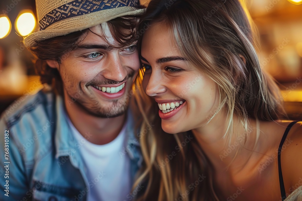 A joyful couple intimately interacting, laughter and connection are evident in their expressions A joyful couple intimately interacting, laughter and connection are evident in their expressions
