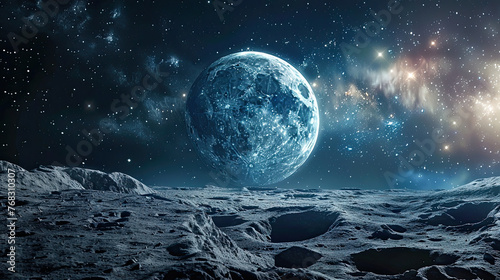 Space shutter on the moon on the surface of the planet, moon with perspective and planet earth globe in the background for astronomy concept as a wide banner.