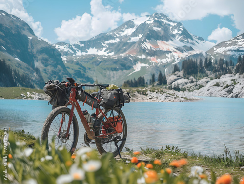 Bicycle with bikepacking gear with beautiful nature in the background