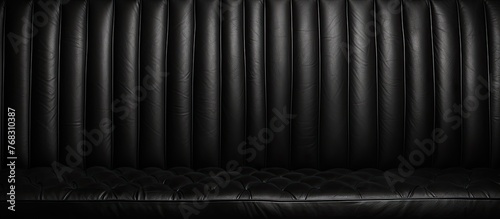 Detailed view of a modern  luxurious black leather couch positioned in front of a sleek black background