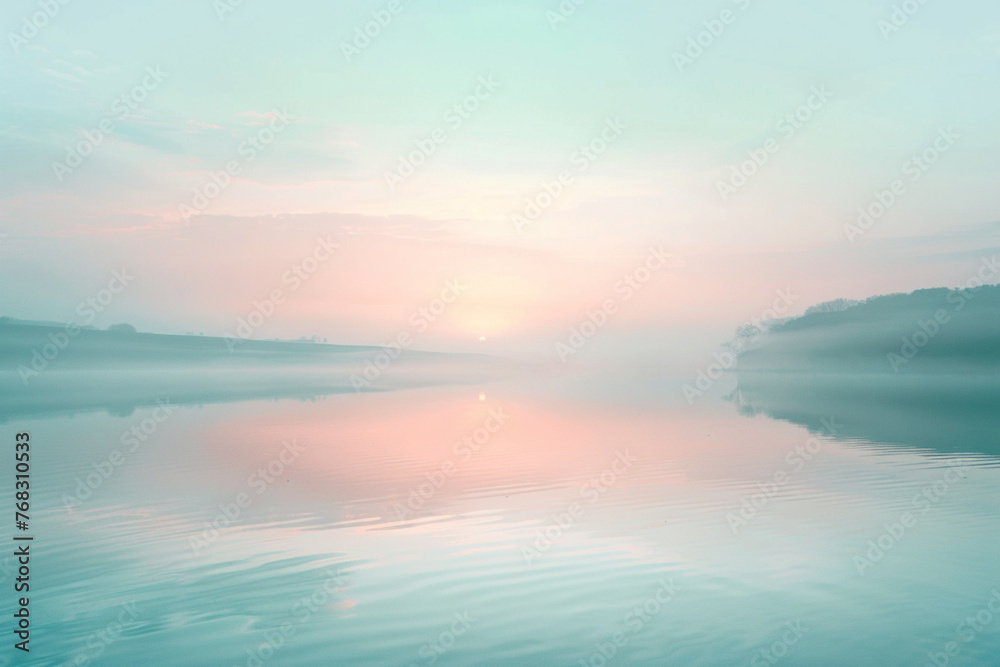 a serene lake at dawn, reflecting the soft pastel colors of the sky, to evoke tranquility and mindfulness 
