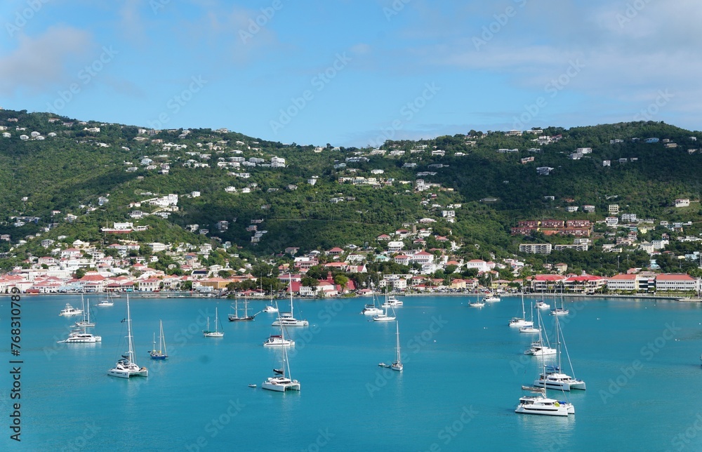 Spectacular view of the private yachts and boats on the bay overlooking the town of St Thomas, U.S Virgin Islands