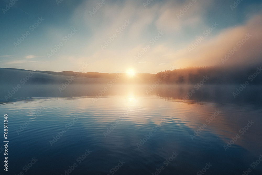 the surface of a calm lake at dawn, capturing the subtle textures of the water with the first light of morning
