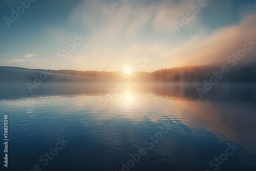 the surface of a calm lake at dawn, capturing the subtle textures of the water with the first light of morning 