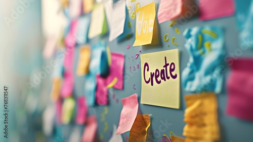 Creative Scrum Agile business board with a sticky note with the word "Create"