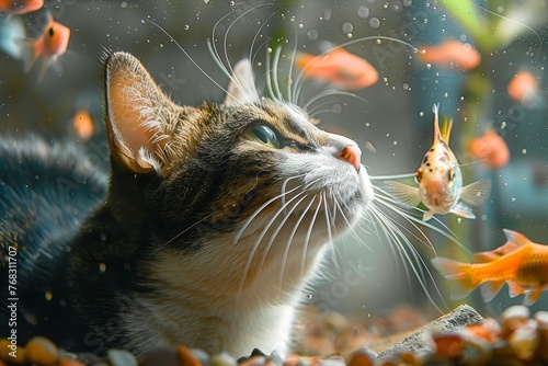 Close-up of a cat with detailed fur texture, fixedly admiring goldfish in a home aquarium