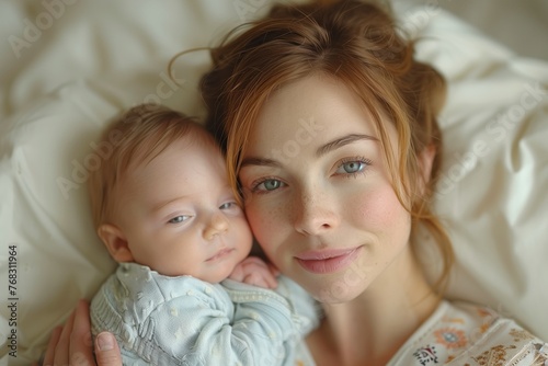 A woman is laying on a bed holding a baby, their cheeks pressed together, sharing a smile. The babys tiny hand reaches up to touch the womans hair, conveying a sense of comfort and happiness