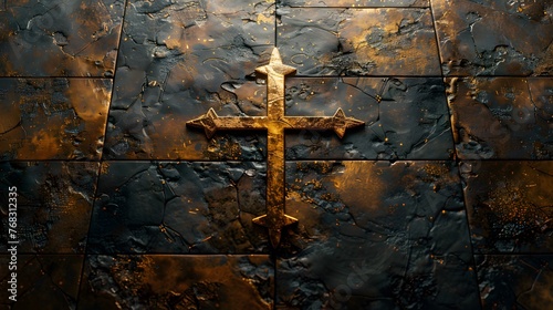 Golden Cross Illuminated on Textured Stone Wall: Symbolic Artistry