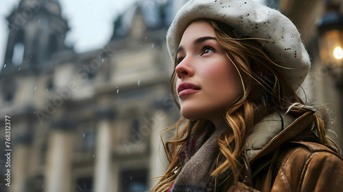 Attractive girl in a white beret looking at the French pantheon