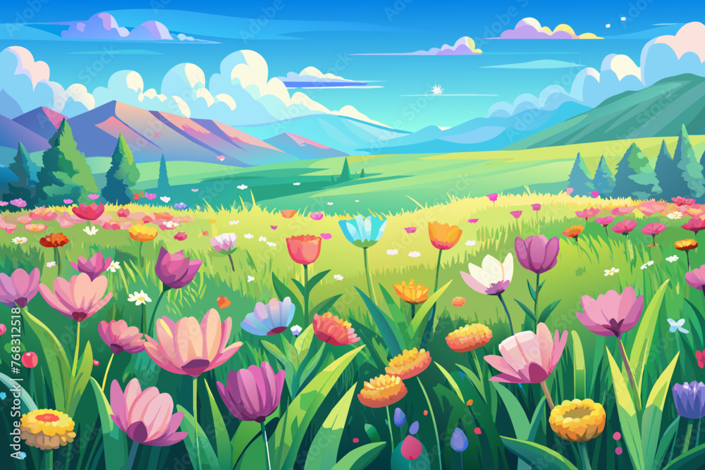 Beautiful meadow field with fresh grass and pink and yellow flowers in nature against a clear blue sky. Perfect summer spring natural landscape. pastel color, out of focus, 8k, photorealistic