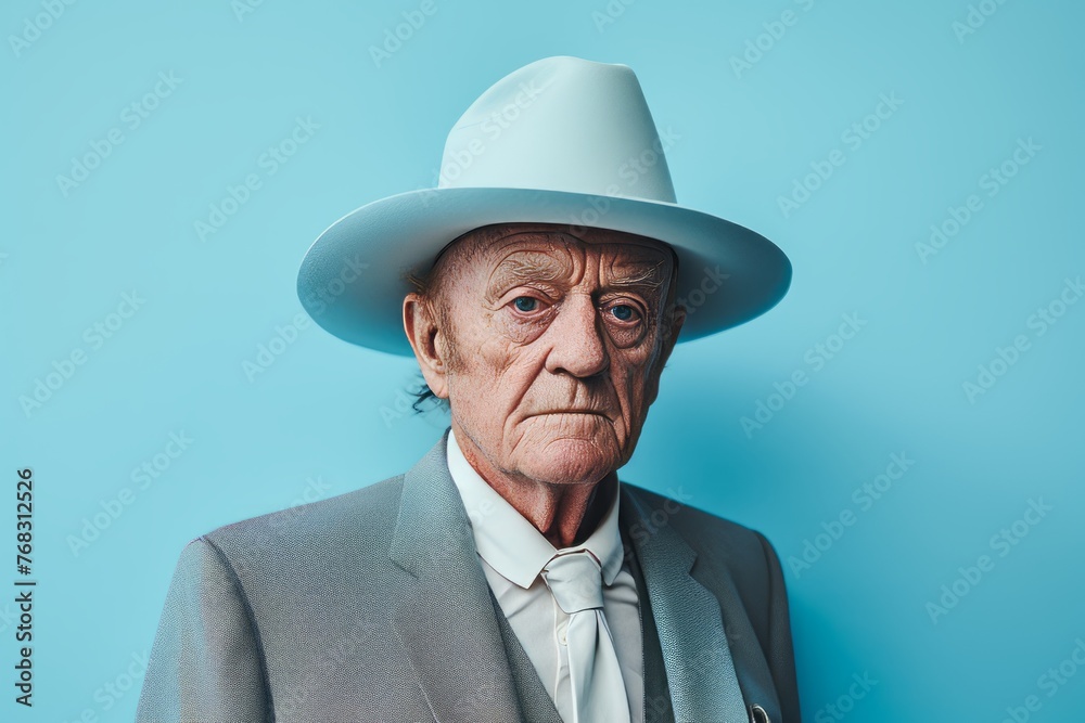 Portrait of an elderly man in a hat on a blue background