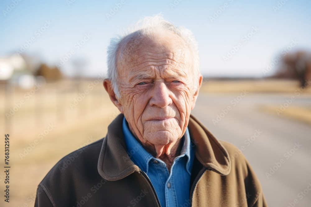 Elderly man with grey hair looking at the camera outdoor.