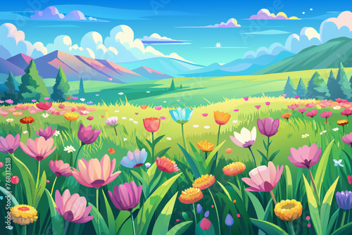 Beautiful meadow field with fresh grass and pink and yellow flowers in nature against a clear blue sky. Perfect summer spring natural landscape. pastel color  out of focus  8k  photorealistic