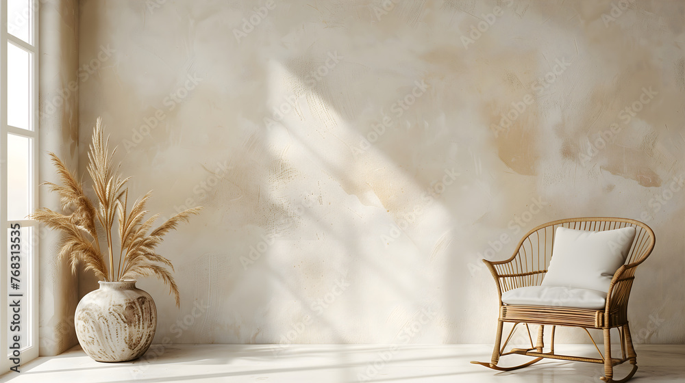 Obraz premium Empty beige wall mockup in boho room interior with wicker armchair and vase. Natural daylight from a window. Promotion background , with copy space for text