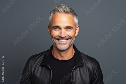 Portrait of a handsome middle-aged man smiling against grey background