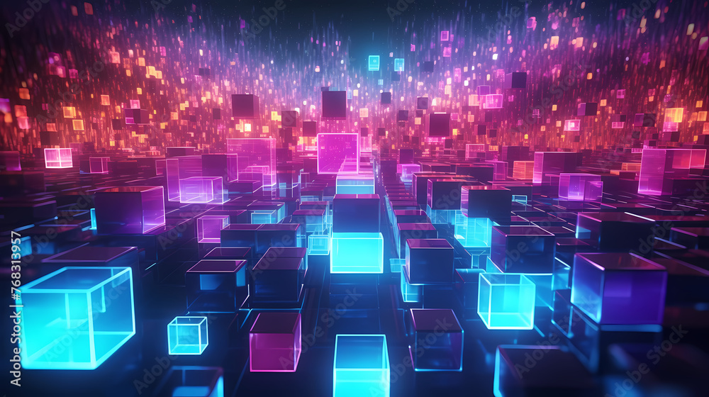 Colorful cubes, blockchain new technology transmission with digital background Colorful cubes, blockchain new technology transmission with digital background