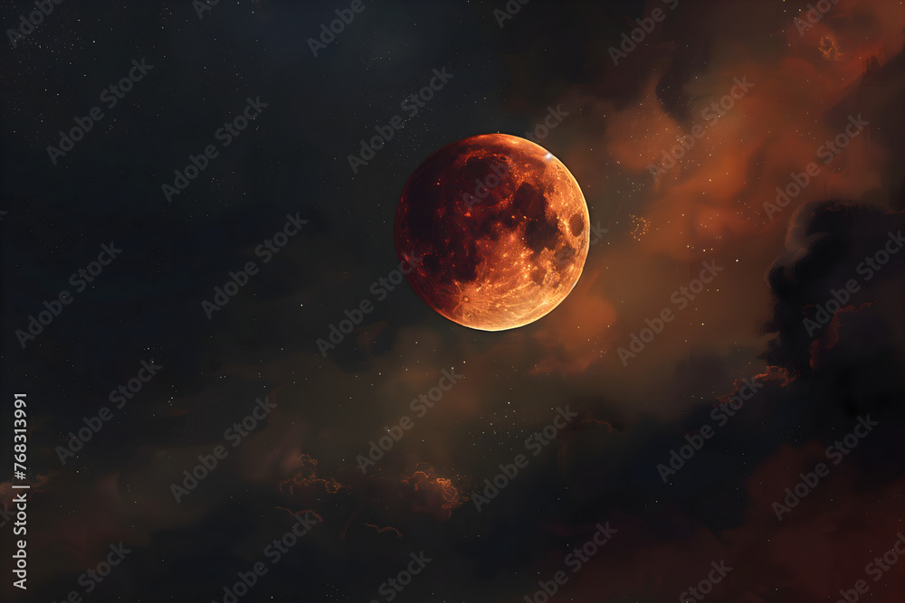 Fototapeta premium Moon Eclipse abstract background with a burning moon in the sky, glowing and shining in space, clouds and nebula, in the style of a fantasy illustration