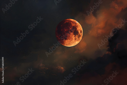 Moon Eclipse abstract background with a burning moon in the sky, glowing and shining in space, clouds and nebula, in the style of a fantasy illustration